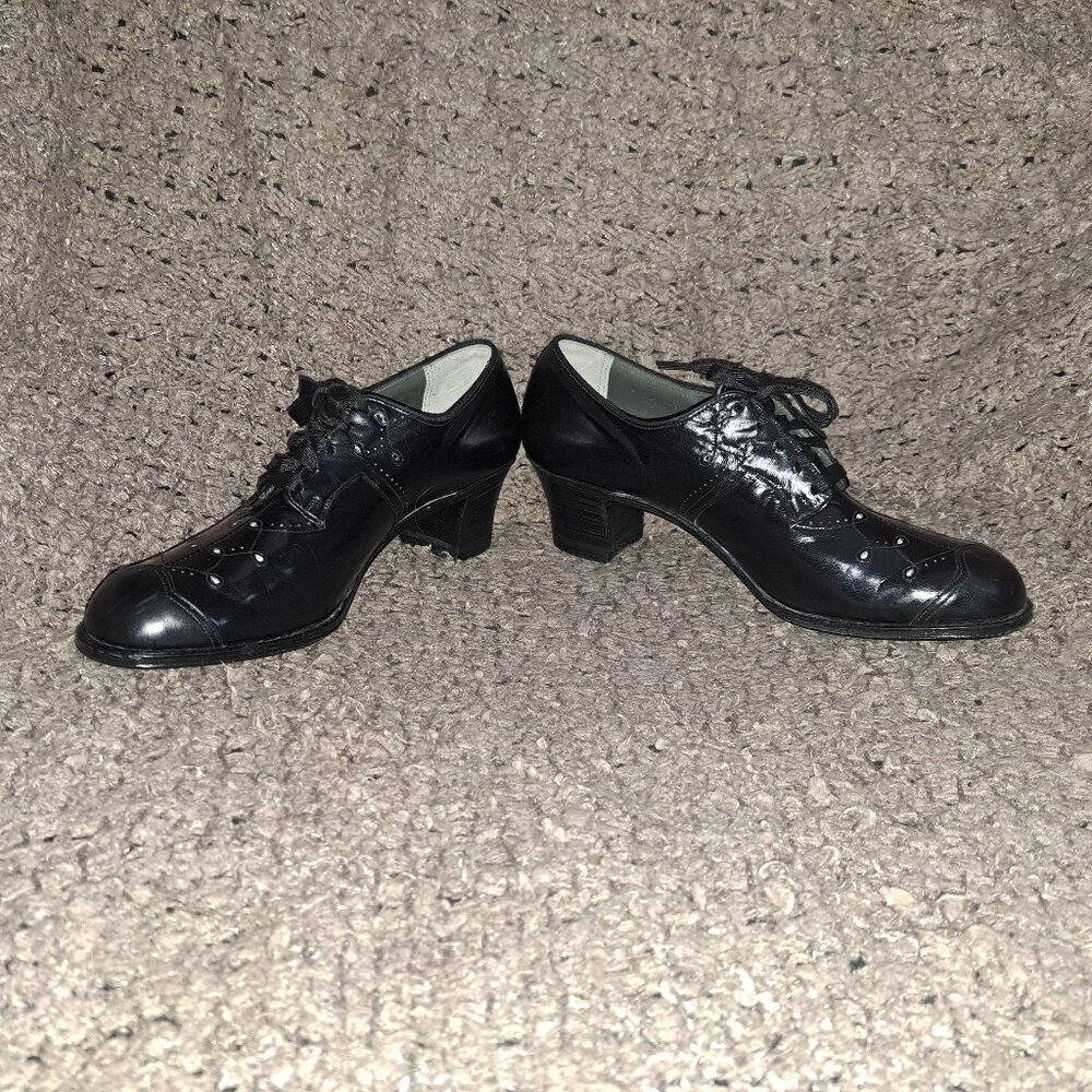 1940's Vintage-DR. SCHOLL'S-Black Leather Granny Heels-Cut-Outs-Sz 7-Near Mint - Picture 4 of 8